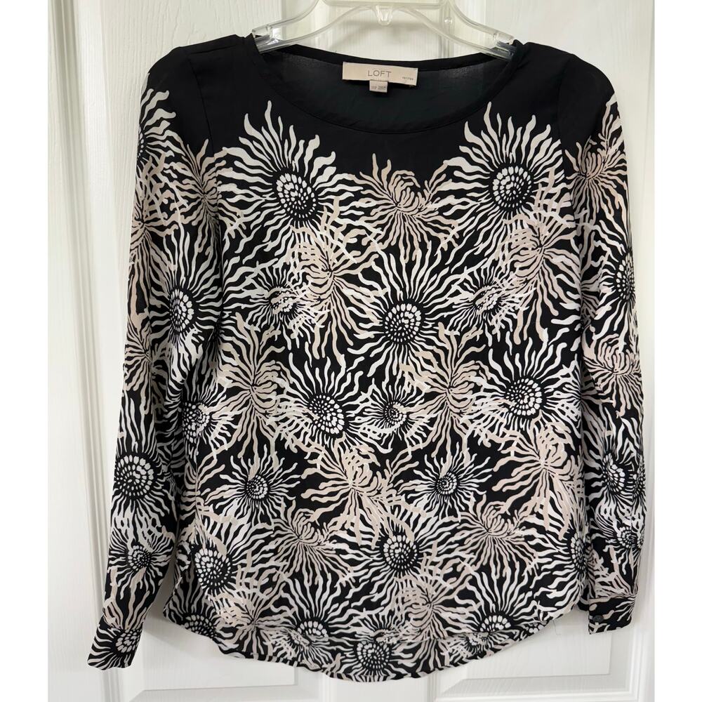 Ann Taylor Loft XXS petite flower sunflower Floral Blouse Long Sleeve Popover